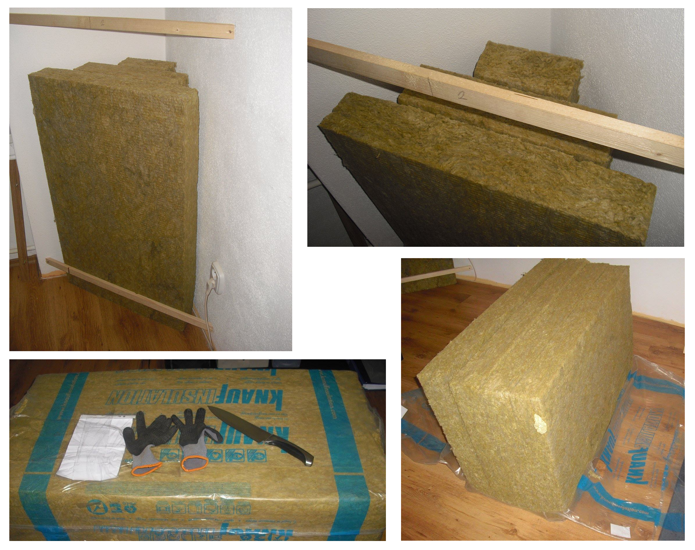 Photo of installation of corner bass trap insulation in progress